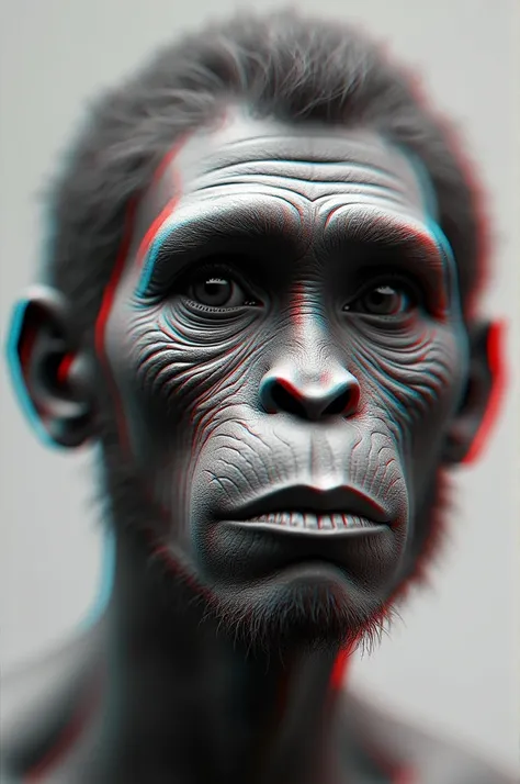  I want a reverse anaglyph effect with the face of a human and the face of an Australopithecus, both superimposed 