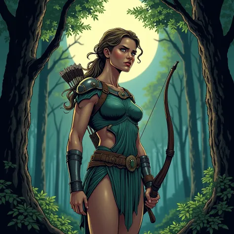 Deusa  Artemis  está em uma postura imponente e séria,  with an air of determination .  She wears light hunter armor ,  with a bow and arrows on her back , ready to act.  Her eyes twinkle with focus and precision ,  trees and their blond hair are tied in a...