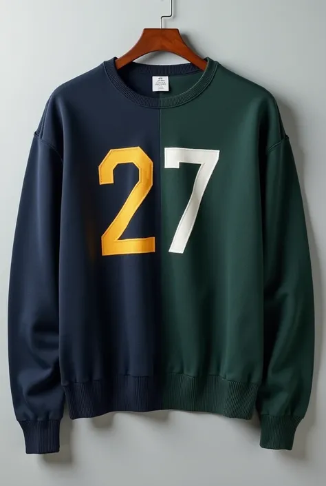  create a reference image of promotional sweaters with the number 27 and the colors navy blue, dark green and dark gray 