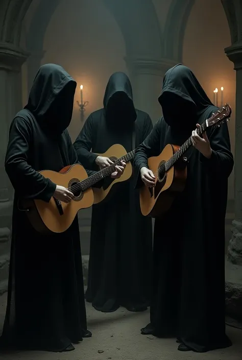 Three hooded Gothic people playing the guitar