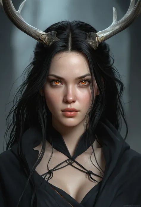 a portrait of a menacing 25 year old woman with bright orange eyes, very pale white skin, tied back long black hair, white deer antlers angular features, character portrait by senior character artist, Artstation, fantasy art, stunning character art, fantas...