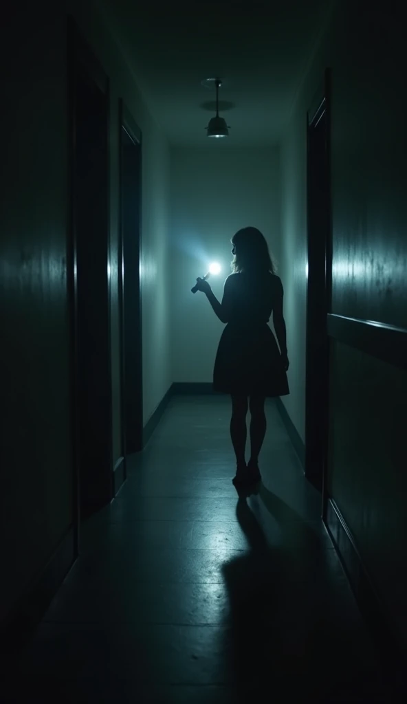  A dark corridor illuminated only by a flashlight that Clara holds with trembling hands. The sound of footsteps echoes in the distance ,  although the environment seems completely empty .  The flashlight illuminates the room where the mirror reflects a sli...