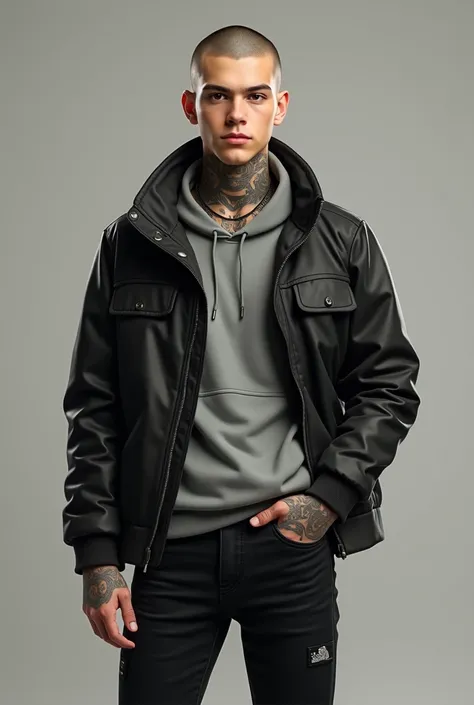  create the image of a handsome 19-year-old boy , He has brown eyes and shaved hair ,  he is wearing a gray sweatshirt and a jacket on top,  he is also wearing black jeans and boots ,  he has a tattoo that goes from the neck to the hand 