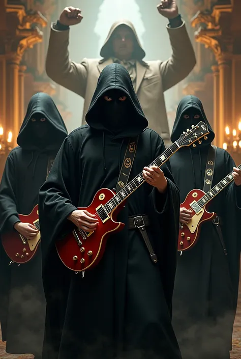 Three hooded gothic people playing electric guitar in front of fat corrupt politicians