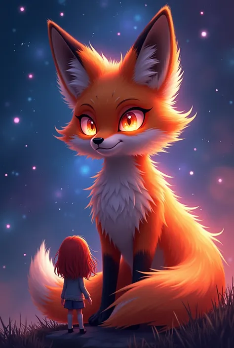 The of mysterious fire fox , Looking at the soul , look malicious, in space with stars and universe,  background with galaxy, galaxy with blue and purple and pink, fire fox, fox head, furry fox, silhouette of a small red-haired girl below