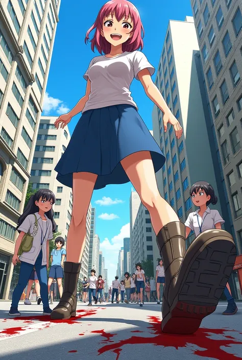  Giant Girls Low Perspective .  The girl looks down mockingly at the cityscape、 The Girl Is Looking Down at Buildings ,  emphasizes the ratio of size to the city 、It highlights her size . Small person々 is crushed under her feet ,  blood splatters on her sh...