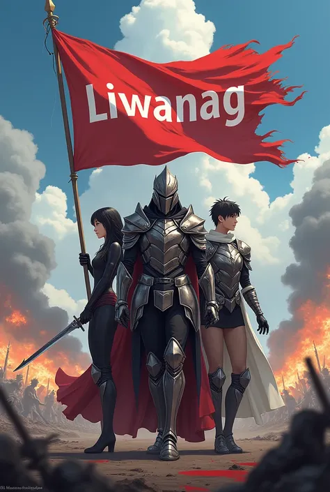 three anime characters assassin, knight and priest portrait half body with background of battle field with flag indicate Liwanag text