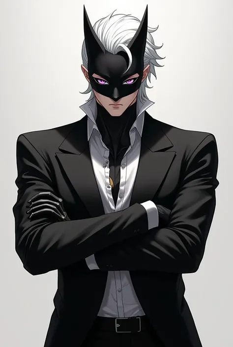 Male character black mask white hair purple eyes cats chest crossed arm only