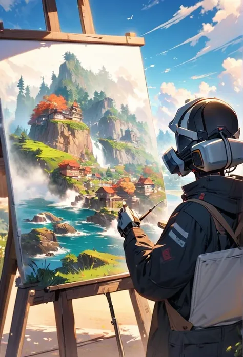 A robot artist wearing a protective mask is painting a beautiful landscape on a canvas.