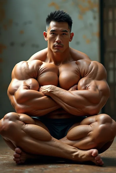 young Bodybuilder、{{{{{Sitting cross-legged tightly:5.5}}}}}、 {{{{{The muscles are very huge}}}}}、Short Hair、Asian Male、{{{{Arms crossed tightly}}}}、{{extremely detailed eyes ,skins and face}}、very high quality、{{Realism}}、{{{{not paintings}}}、not sketches...