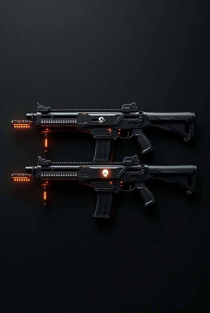 Dual micro smgs with Matte black finish with bold orange accents on the magazine, barrel, and trigger guard.

A glowing skull decal on the side for intimidation.

Subtle glowing details around the ammunition counter and magazine.
