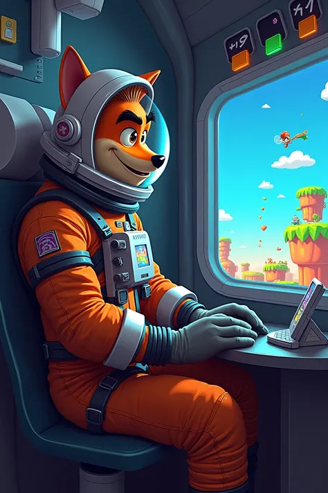 Astronaut playing crash bandicoot