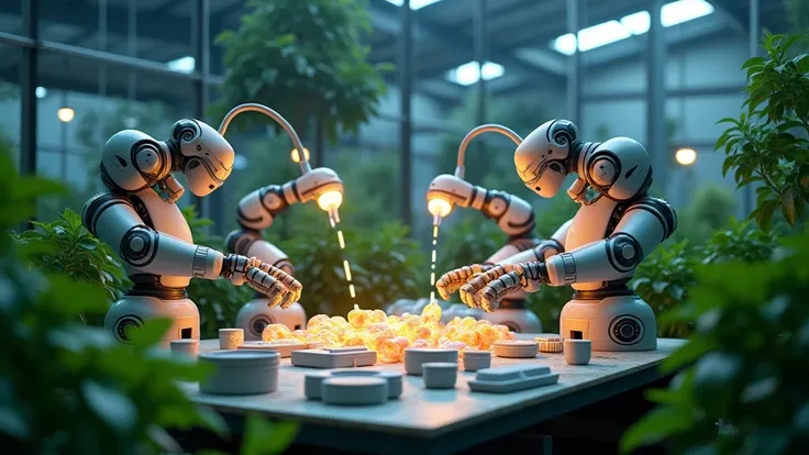 A factory powered by renewable energy with 3D printers creating products from recycled materials. The scene includes glowing robotic arms assembling eco-friendly items, like biodegradable containers or solar panels. In the background, greenery surrounds th...