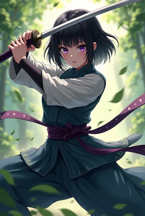 make an image,  in the Kimetsu no yaba trait of a Demon Slayer in a training pose with a katana Her traits: She has short shoulder-length black hair with fringe and purple eyes along with fair skin 