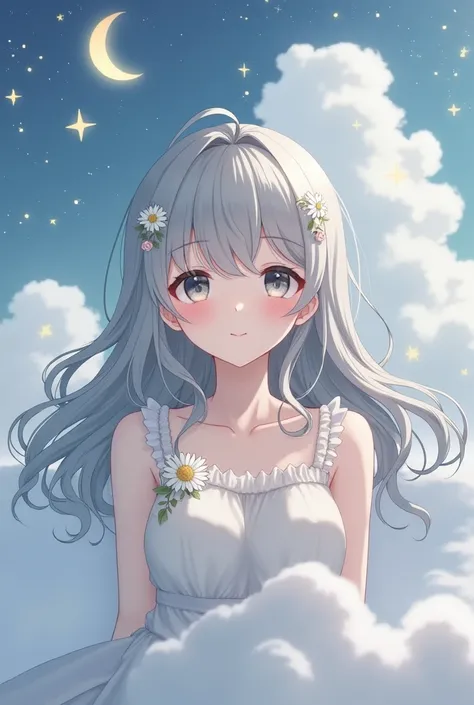  girl、 gray hair long 、adult、 sexy、Light pink lip、 anime style、 make me feel more relaxed with saggy eyes、My face is a little young 、Soft atmosphere 、Eye color is gray、Smile a little、Above the Clouds、Lie down、 Im sleeping、moon、star、 imaginary、 whole body