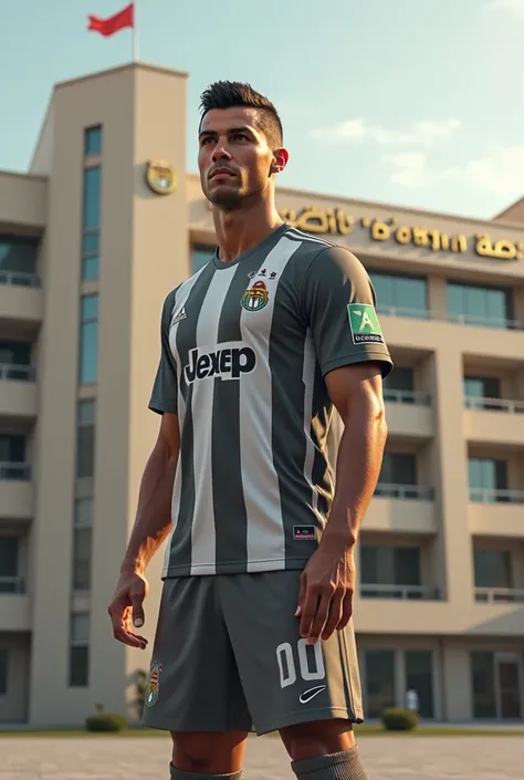 Ronaldo in front of high school The name of the secondary school is Bin Naa Al-Saeed Written in Arabic

