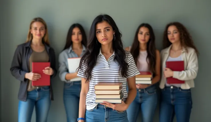 Sad woman with her college books, wavy black hair, tight jeans, striped polo, Latina, blue bracelet, earrings, (behind her other college women and men mocking)