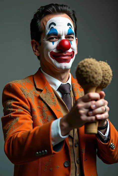 A hyperrealistic photo of the President of the Government of Spain Pedro Sánchez dressed as a clown, without makeup, Without a clown nose and playing some maracas full of mud as if playing a salsa song