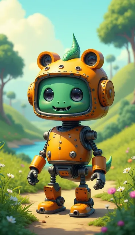 cute animated robot with a crocodile cap