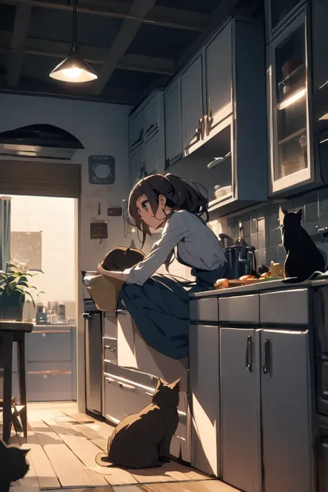 Girl in the middle of her kitchen already at night with her cats