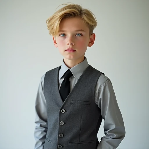  professional studio photo of a  boy, blonde, combed down hair and blue eyes , e light skin que irradia como o sol.  A long sleeve dress shirt light gray , black tie, dark gray vest , dark grey social pants, and black shoes. extremely beautiful. beautiful....