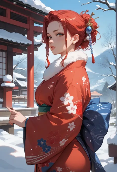 A beautiful red-haired woman wearing a traditional Japanese kimono is standing in the snow.