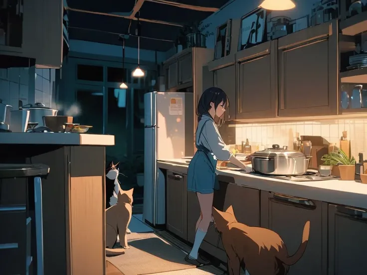 Girl in the middle of her kitchen already at night with her cats