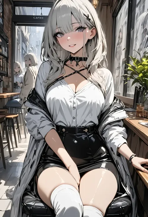 (masterpiece,  best quality :1.2,UHD,High Resolution,Detailed depiction)、 dating an adult older sister、 sexy lips、Eyes draw beautifully 、White jacket、 Black Tight Miniskirt 、White knee-high boots、Take a picture so that the whole body is inside、 sitting cro...