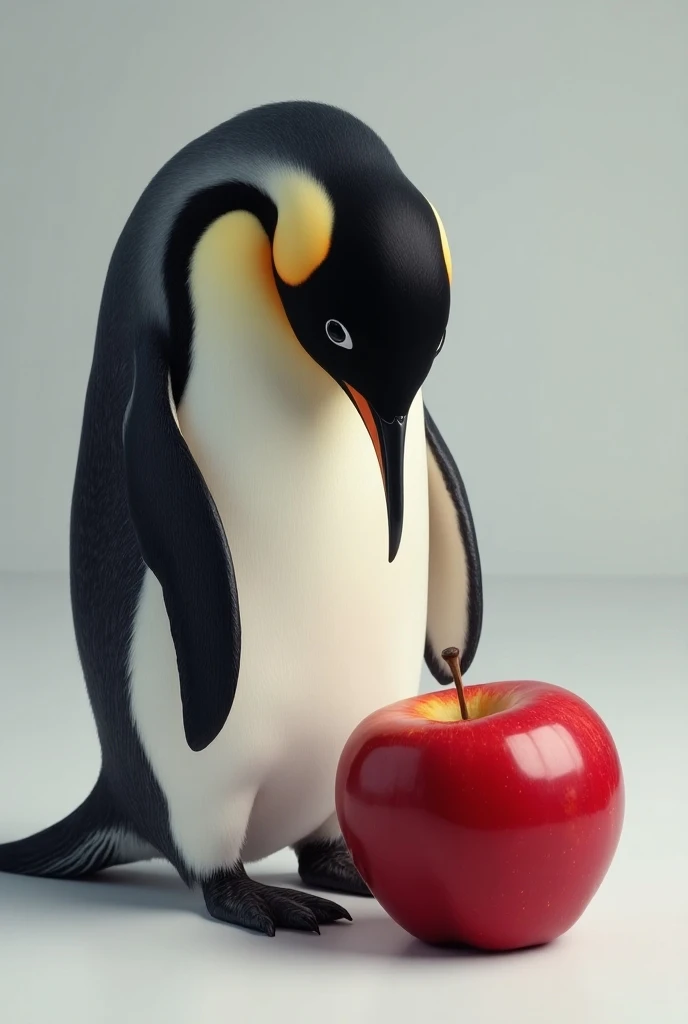 Create an ultra realistic image of a penguin staring at an apple,  make them with their bodies showing