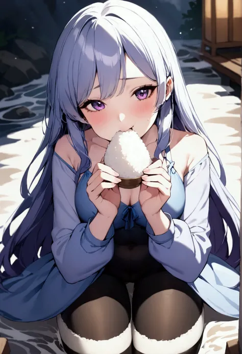 A beautiful girl in black leggings with a white stripe, wearing stockings, wearing a tight purple long-sleeved shirt, wearing blue nightgowns, is eating rice, and in the rice there is a thick white water mixed in it.