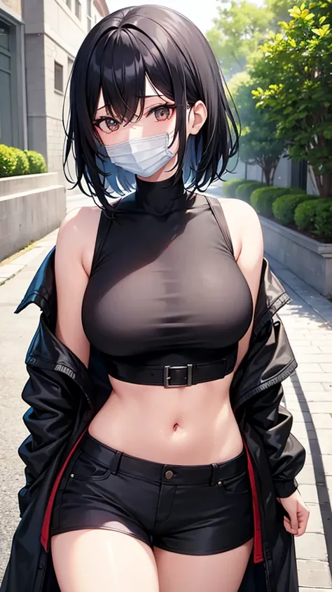 adult lady, Shortcuts, Black Hair, , Large Breasts, face mask,shorts,outside,Cowboy Shot,,midriff,jacket