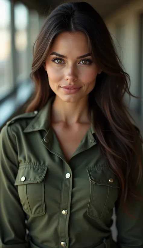 upper body photo of a beautiful 30 year old woman, brown straight hair, strong arms,(wearing a militairy uniform:1.3), ((close-set breasts)), tough look, sexy lips, wide thigh gap, (wide hips:1.3), small waist, bright eyes, Dazzling eyes, breathtaking eyes...