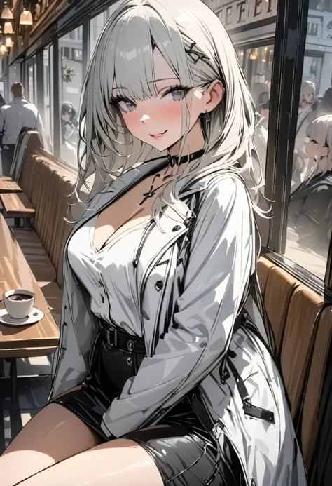 (masterpiece,  best quality :1.2,UHD,High Resolution,Detailed depiction)、 dating an adult older sister、 sexy lips、Eyes draw beautifully 、White jacket、 Black Tight Miniskirt 、White knee-high boots、Take a picture so that the whole body is inside、 sitting cro...