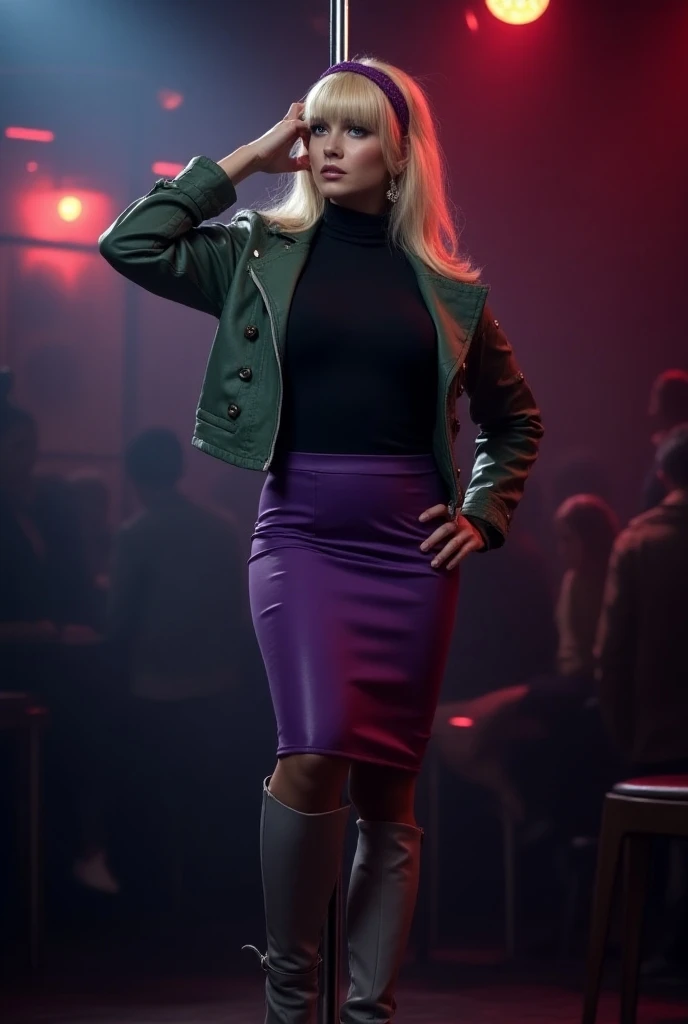 gwen stacy pole dance  nigth club lesbian Grey Boots Black Turtleneck Purple Pencil Skirt Green Jacket Purple Headband Blonde Wig with Bangs
