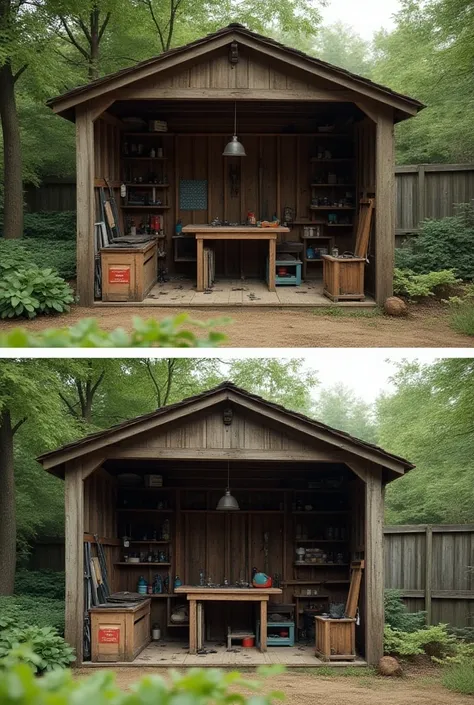 A 5S before-after image of a small shed with tools