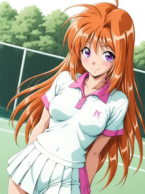 masterpiece, best quality, SaekiRuruna, 1girl, solo, long hair, orange hair, purple eyes, medium breasts, antenna hair, smile, blush, tennis uniform, outdoor,