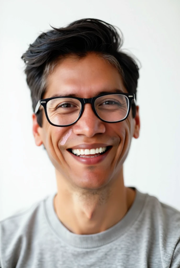 dark-haired man wearing glasses smiling on a white background