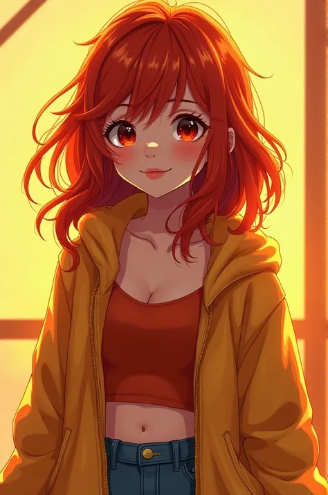  A girl with a somewhat plump but beautiful face  (with the best resolution and warm graphics  ,  text)  with red hair like the sunset is a girl of 18 but small she is wearing a somewhat large jacket and a cropped lycra 