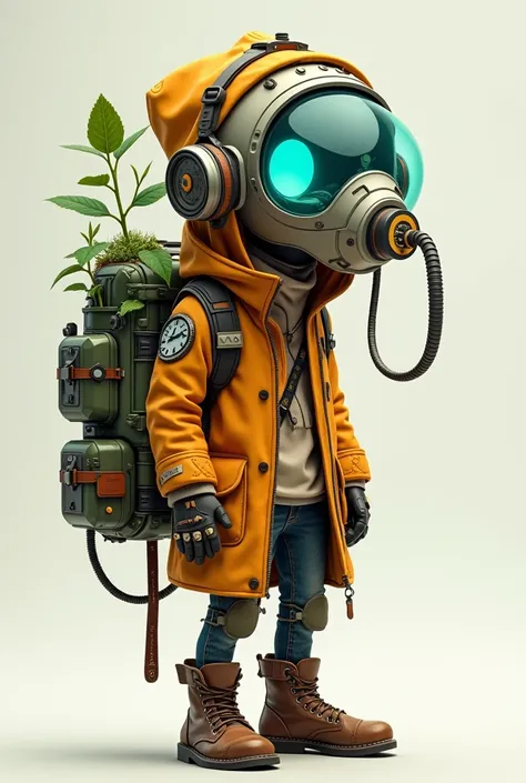 Nomadic traveler with a thin build , calvo,  carries a backpack in the shape of a glass capsule with a plant inside it that provides oxygen to the traveler through a tube to a mask, 3d animated style, super deformed style ,  load technological accessories ...