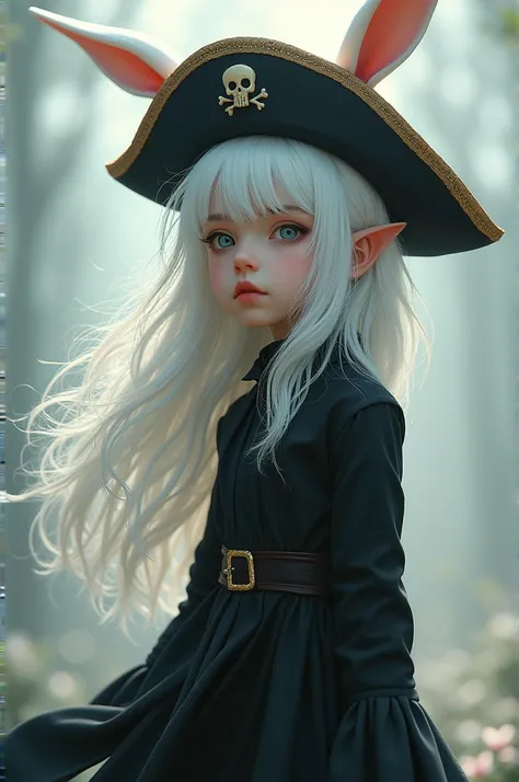 Girl with white hair, rabbit ears, pirate hat and black clothes