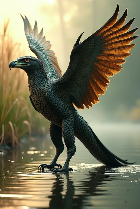 A hybrid monster formed by a falcon and a crocodile, standing at the edge of a river at dawn, the creature has the sleek, powerful body of a crocodile with dark, scaly green and brown skin, but with wings of a falcon that stretch wide, feathers glistening ...