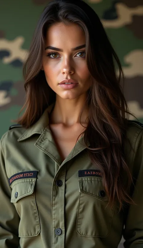 upper body photo of a beautiful 30 year old woman, brown straight hair, strong arms, (wearing a militairy uniform:1.3),camouflage, ((close-set breasts)), tough look, sexy lips, wide thigh gap, (wide hips:1.3), small waist, bright eyes, Dazzling eyes, breat...