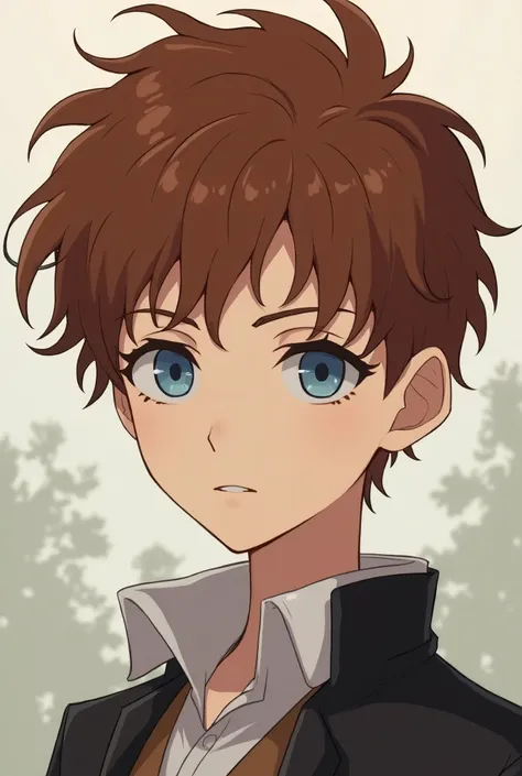 anime guy with curly hair,blue coloured eyes,pale skin,chestnut colour hair