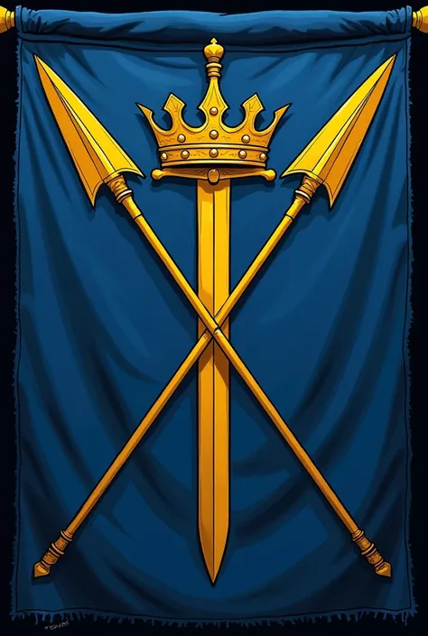 Make a flag/ standart medieval,  with two crossed spears a sword turned down with a crown in the middle, with the dark blue background and the objects mentioned above in golden yellow , Do it in the style of Game Of Thrones flags do it in a less realistic ...