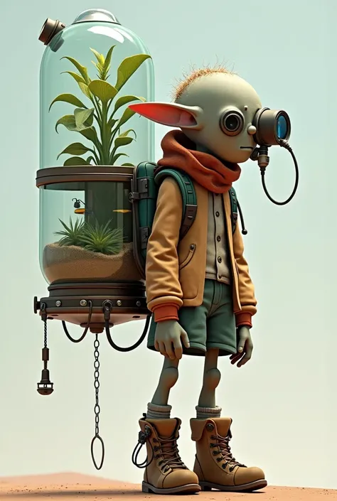 Nomadic traveler with a thin build , calvo, Pale human,  carries a backpack in the shape of a glass capsule with a plant inside it that provides oxygen to the traveler through a tube to a mask, 3d animated style, super deformed style ,  load technological ...