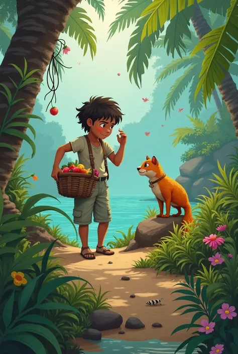  The narrator ,  trapped on an island ,  begins longer explorations .  To transport more food and fruits ,  he builds a basket with tree branches . On his travels ,  he discovers a valley of fruits ,  fertile fields with various flowers and insects ,  and ...