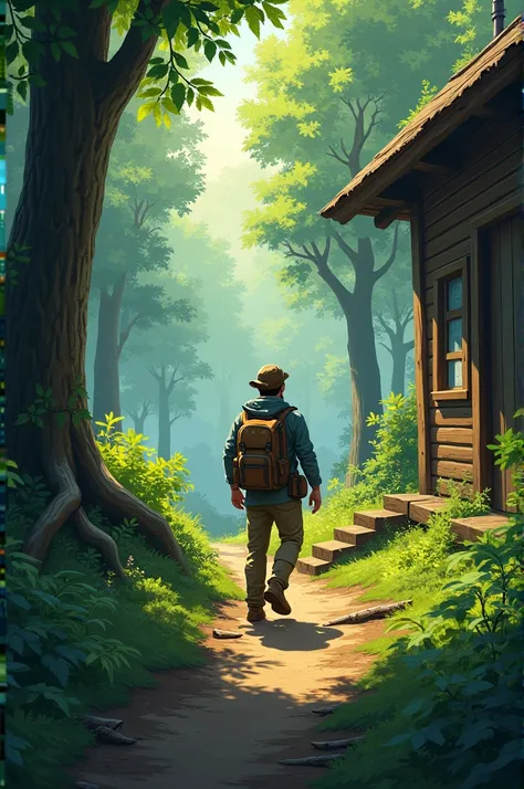 Create an image where an adult is going out to explore a forest in a cabin