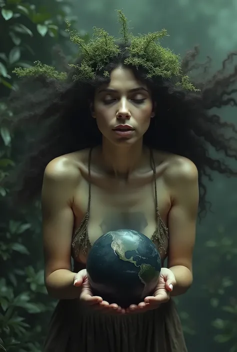 View from above of a full-body woman in semi-naked brunette perspective looking down at the small BLACK planet Earth, which she has in her hands stretched downwards like a superior goddess who has given birth to it. Her hair is made up of thick moss that p...