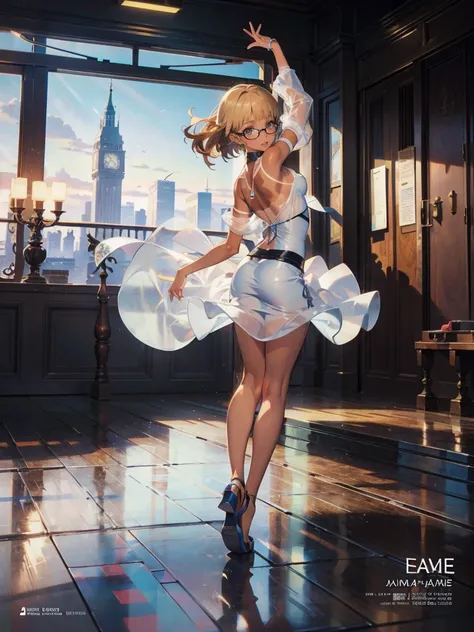 anime - style illustration of a woman in a transparent jumpskirt, dance video game character, official character art, trending on e-girl, feminine, full body, female action anime girl, sitting Posing:1.5, amber hair color, blunt bangs, glasses, (tanned:1.5...