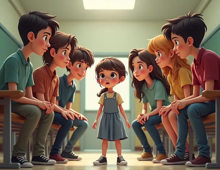 group of classmates who look down on an animated 